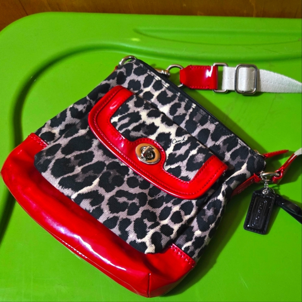 Coach Leopard Print with red patent leather Crossbody Bag